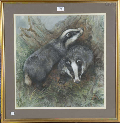 Sheila Armstrong - 'Badgers Foraging', pastel, signed with m...