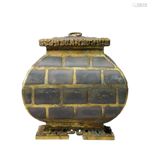A Gilt-Bronze Jade-inlaid Vase and Cover