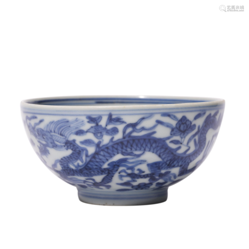 Porcelain Blue and White Dragon Bowl, Wanli Mark