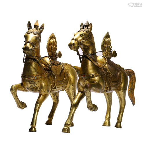 A Pair of Tibetan Gilt-Bronze Horses of Imperial Temple