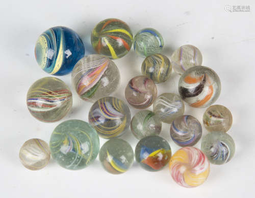 Twenty mostly Victorian glass marbles with coloured spiral t...