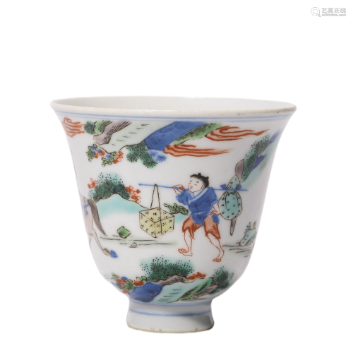 Porcelain Wucai Story Cup, Jiajing Mark