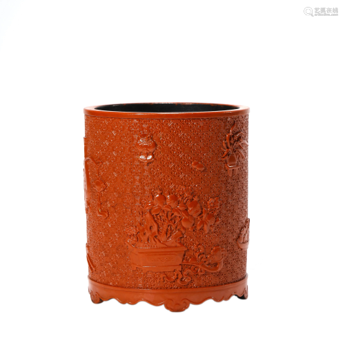 Porcelain Coral-Red-Glazed Brush Pot, Qianlong Mark