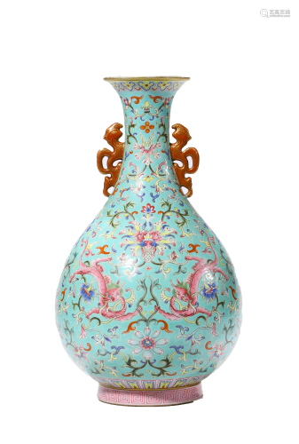Porcelain Famille-Rose and Turquoise-Ground Dragon Vase