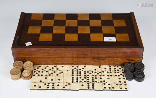 A 19th century mahogany and satinwood folding chess and back...