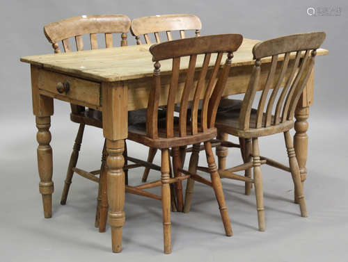 A Victorian pine kitchen table, on turned legs, height 74cm,...