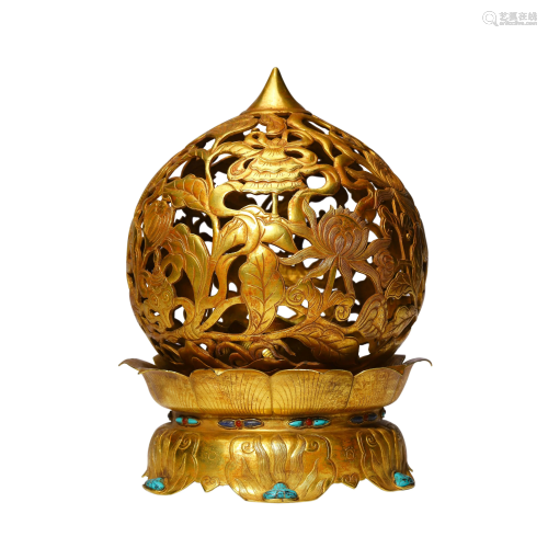 A Gilt-Bronze Turquoise-Inlaid Censer