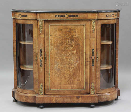 A late Victorian walnut credenza with foliate inlaid decorat...