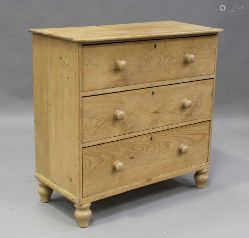 A Victorian pine chest of three drawers, height 92cm, width ...