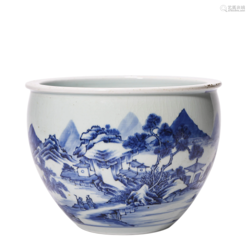 Porcelain Blue and White Mountain and River Jar