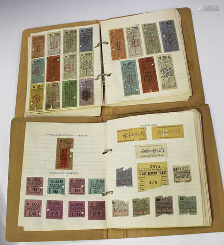 A collection of mid-20th century bus tickets, the majority L...