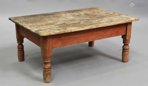 A Victorian pine table, fitted with a drawer, on turned legs...