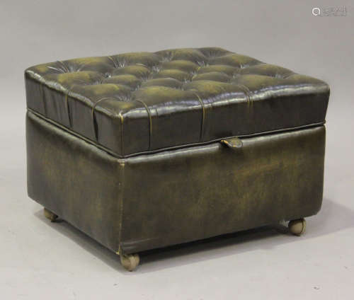 A modern buttoned green leather box seat stool by Wade of Lo...
