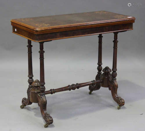 A mid-Victorian burr walnut and boxwood inlaid fold-over car...