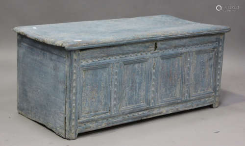 An 18th century blue painted pine coffer, the hinged lid abo...