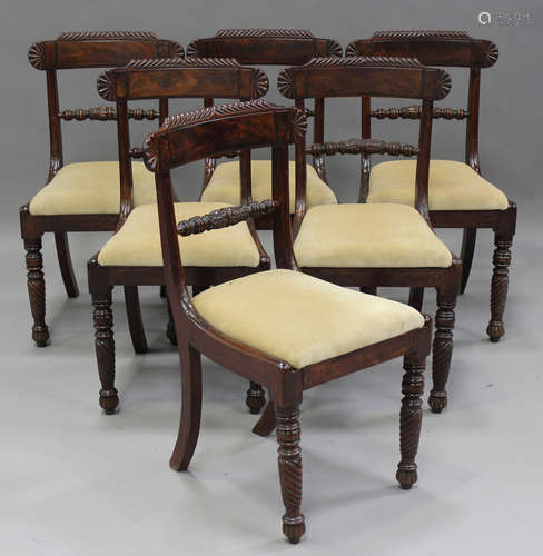 A set of six William IV mahogany bar back dining chairs with...