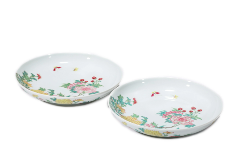 Pair of Porcelain Famille Rose Poeny Dishes, Yongzheng