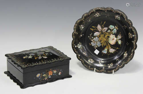 A Victorian papier-mâché and mother-of-pearl inlaid workbox,...