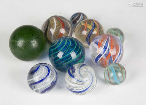 A group of ten mostly 19th century glass marbles, the majori...