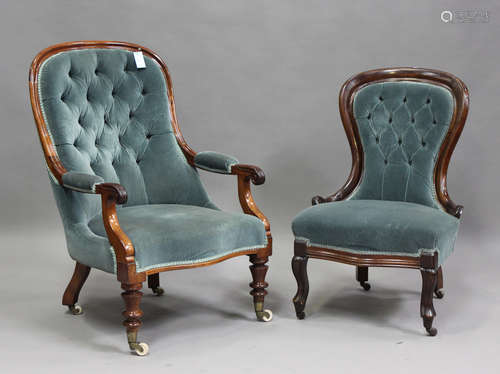 A Victorian mahogany showframe salon armchair, upholstered i...