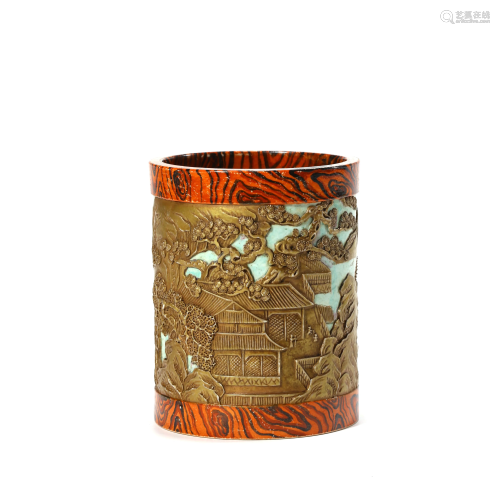 Porcelain Faux-Bois Brush Pot, Qianlong Mark