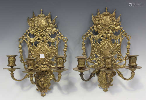 A pair of 19th century Baroque Revival gilt brass three-ligh...