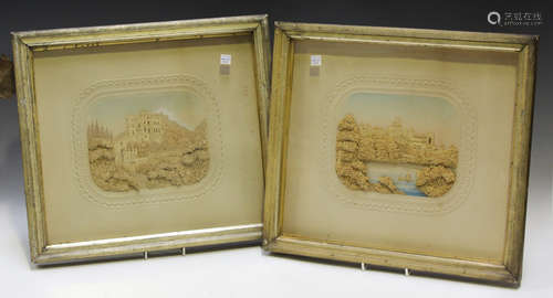 A set of four 19th century cork dioramas, each finely worked...