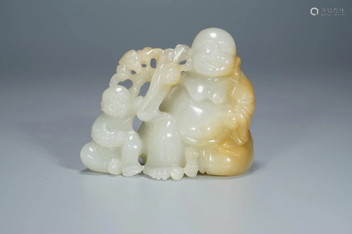 OPENWORK JADE CARVED FIGURINE OF MAITREYA AND KID