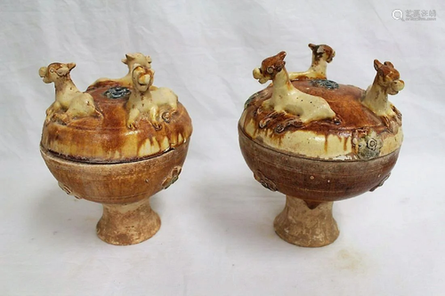 Pair Chinese Tang style pottery food jar (dou)