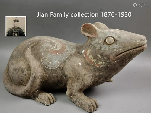 A Chinese Han period colored drawing pottery rat