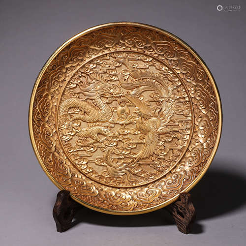 A dragon and phoenix gilding copper plate