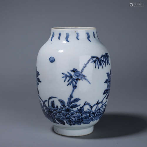 A blue and white bird and flower porcelain jar