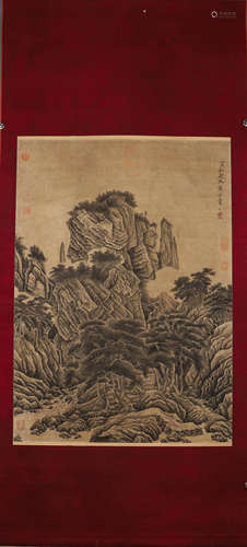 A Chinese landscape silk scroll, Song Huizong  mark