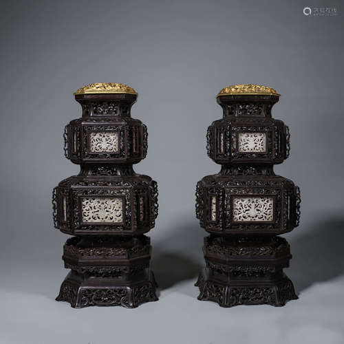 A pair of red sandalwood jade-inlaid incense burners