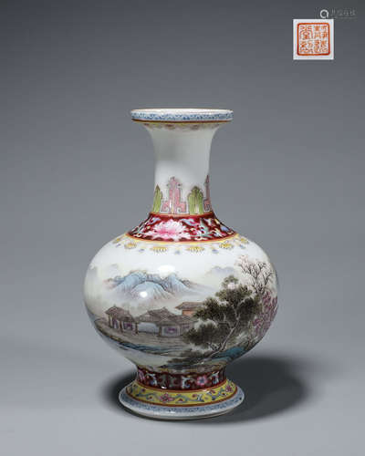 A famille rose landscape porcelain vase