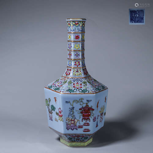 A blue glazed famille rose flower porcelain vase