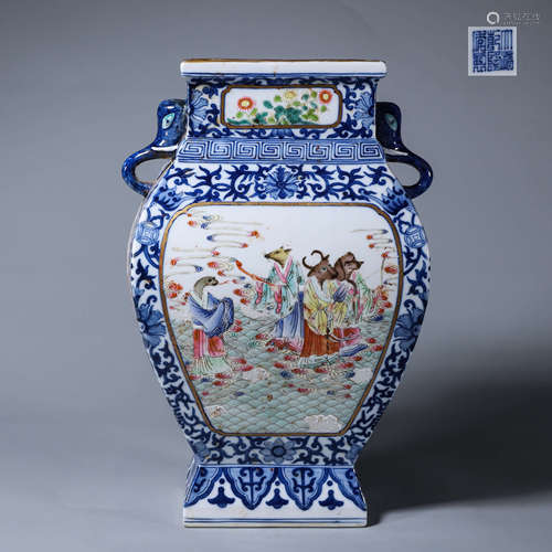 A blue and white famille rose Chinese zodiac porcelain vase ...