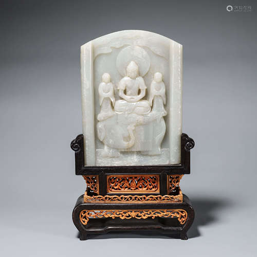 A white jade carved buddha screen