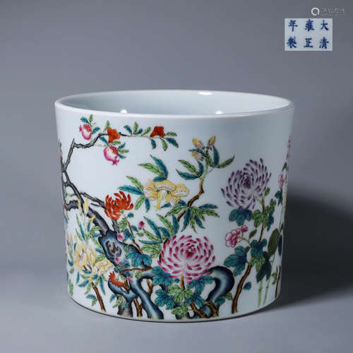 A famille rose peony and peach porcelain brush pot