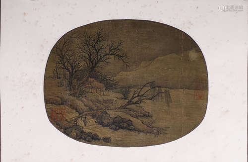 A Chinese landscape silk scroll painting