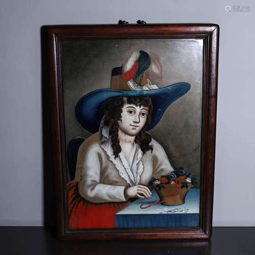 A glass figure painting with rosewood frame