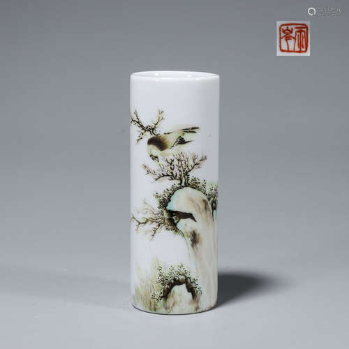 A bird and flower porcelain brush pot