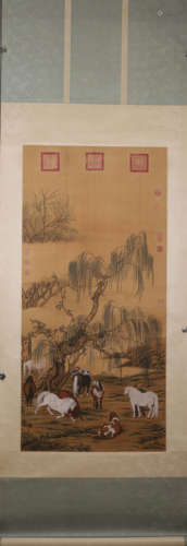 A Chinese horse silk scroll painting, Lang Shining mark