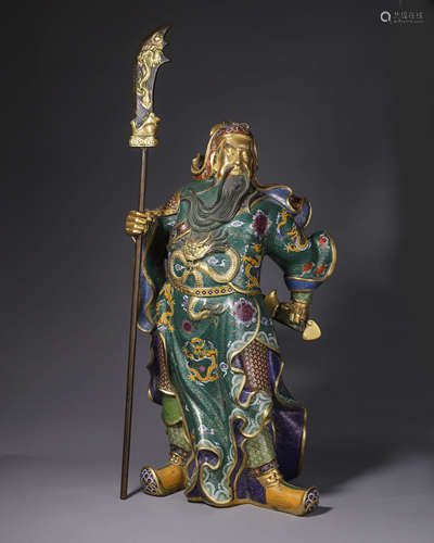 A gilding cloisonne standing Guangong statue