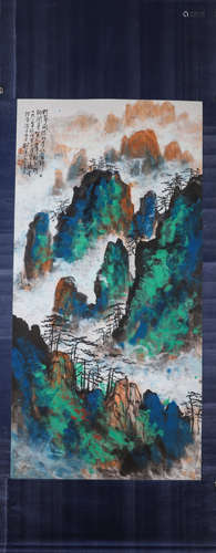 A Chinese landscape silk scroll painting, Liu Haisu mark