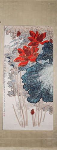 A Chinese lotus painting, Zhang Daqian mark