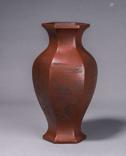 An inscribed landscape zisha ceramic vase