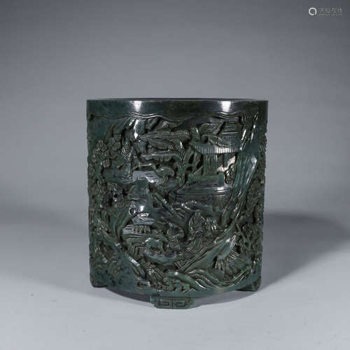 A carved jasper brush pot