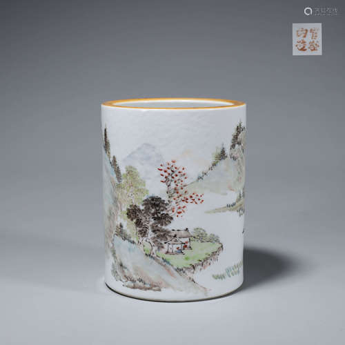 A landscape Guan kiln porcelain brush pot