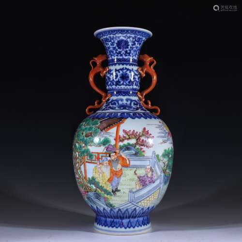 Qing Dynasty blue and white pink color eight immortal figure...